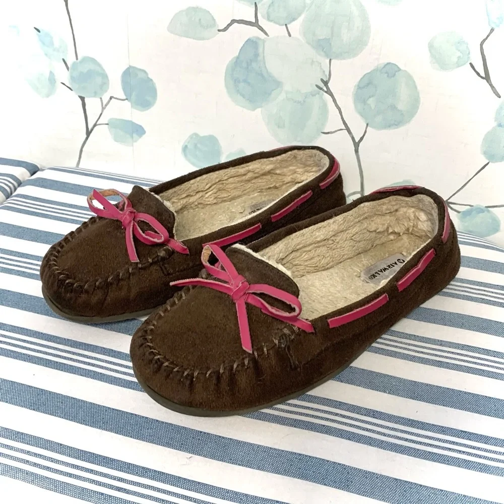 Airwalk Kids Classic Brown Suede Sherpa Fur Moccasin Slippers Shoes Pink Bow